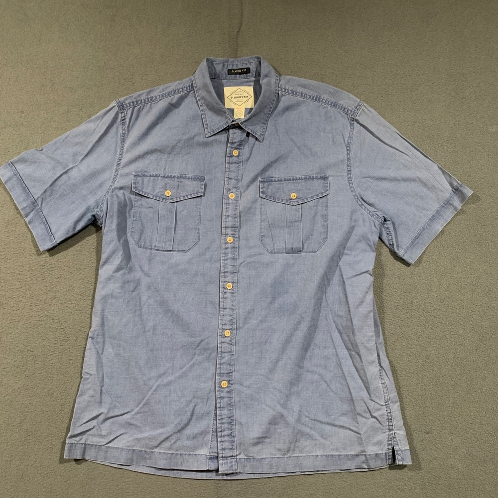 St Johns Bay Button Front Shirt Mens‎ L Blue Short Sleeve Slub Cotton